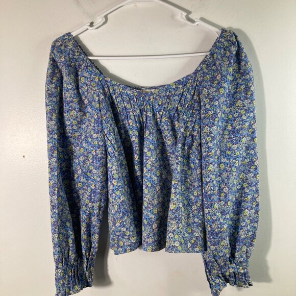 Womens Universal Thread V Neck Baby Doll Floral Top Blue White XS Cotton Cropped - Picture 3 of 9